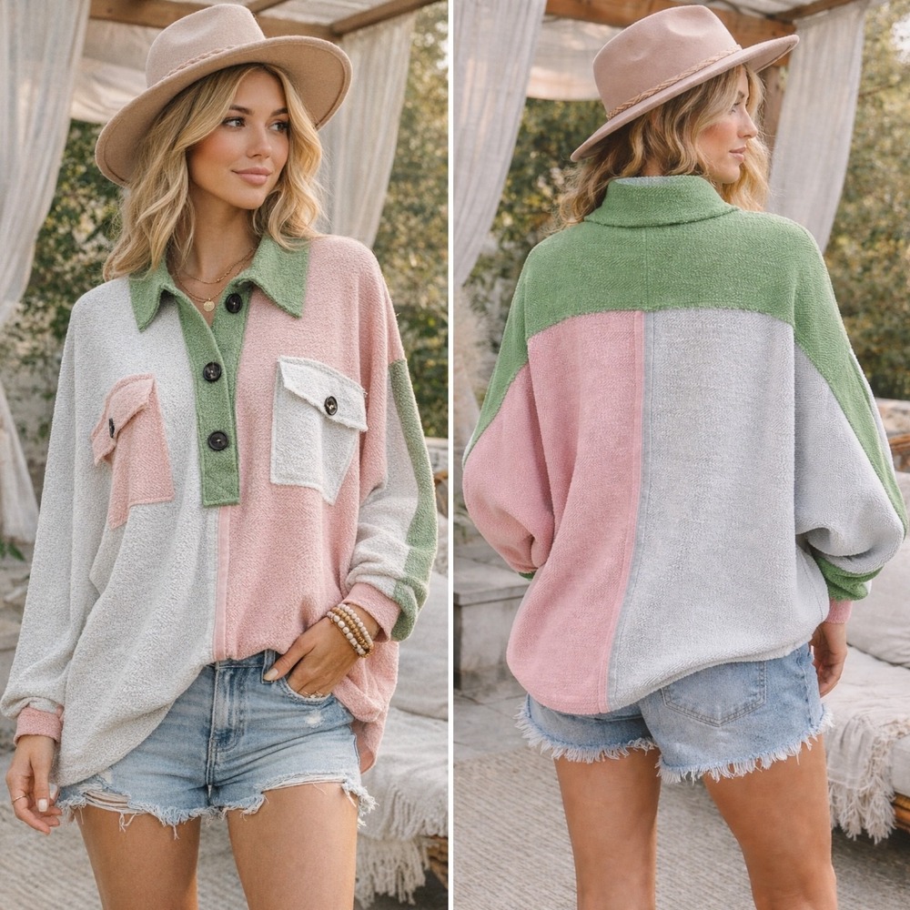 BucketList Oversize Colorblock French Terry Pullover Top Large USA Dolman Sleeve